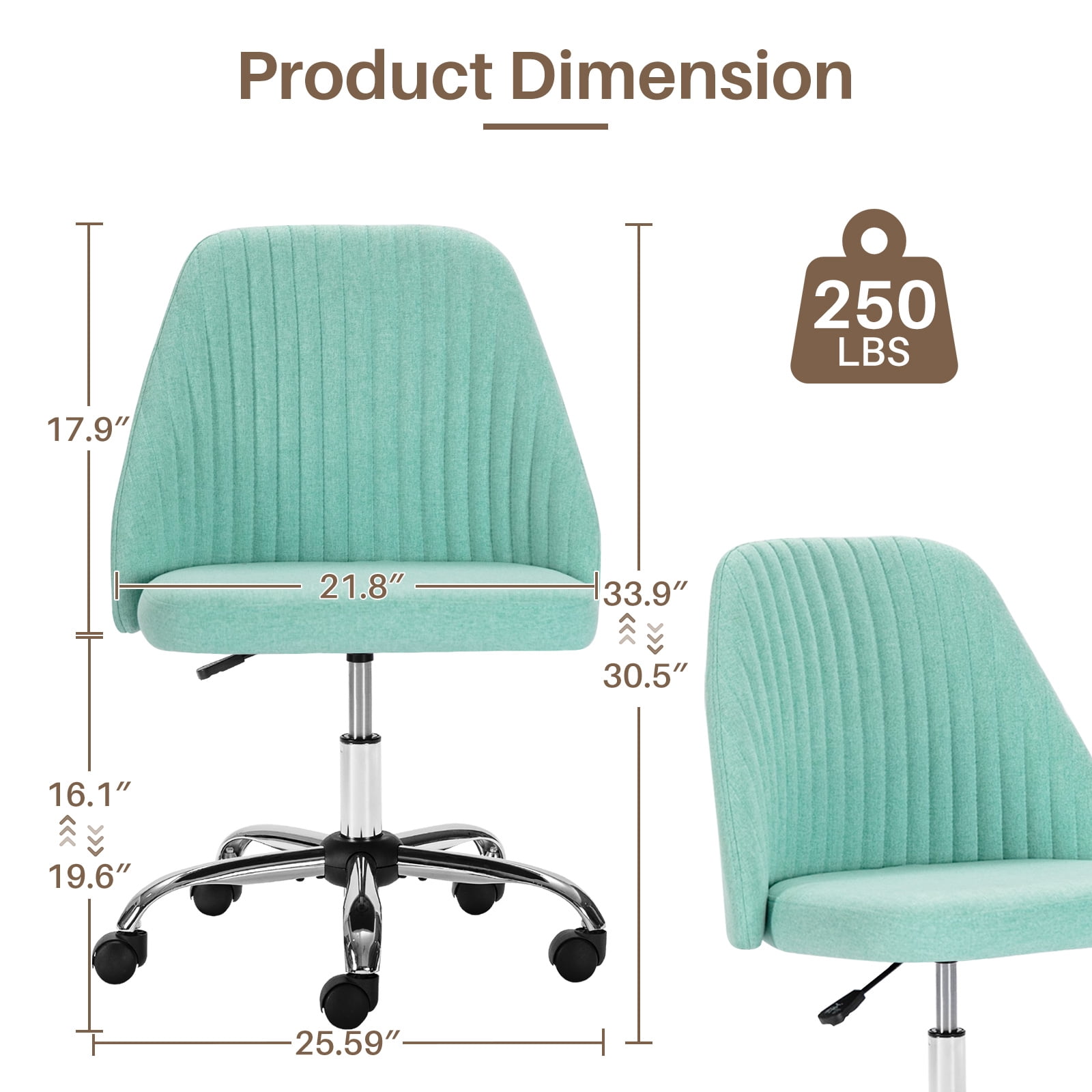 Colorful Linen Desk Chair, Comfy Thick Seat with Swivel Wheels, Armless Task Chair, Green