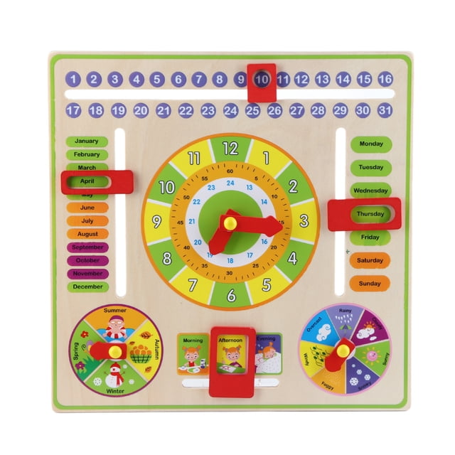 Reloj de madera multifuncional educativo temprano, juguete para niños, hora, fecha, temporada, clima