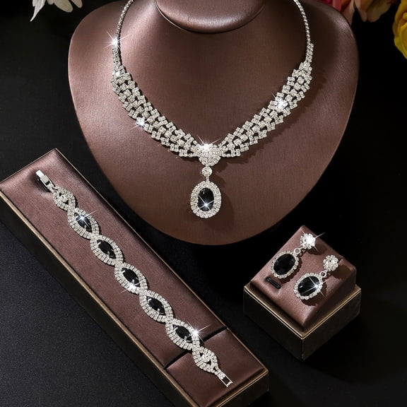 AEXTO Rhinestone Wedding Jewelry Set Royal Blue Bridal Necklace Earrings Bracelet Sets Prom Costume Accessories for Women