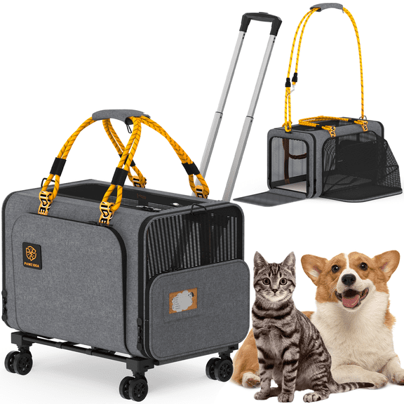 PAWZIDEA Expandable Large Pet Carrier with Wheels, 24x16x16 in Rolling Cat Carrier for 2–4 Cats up 55lb, Soft-Sided Collapsible Small Medium Dog Crate for Car Travel, Telescopic Handle