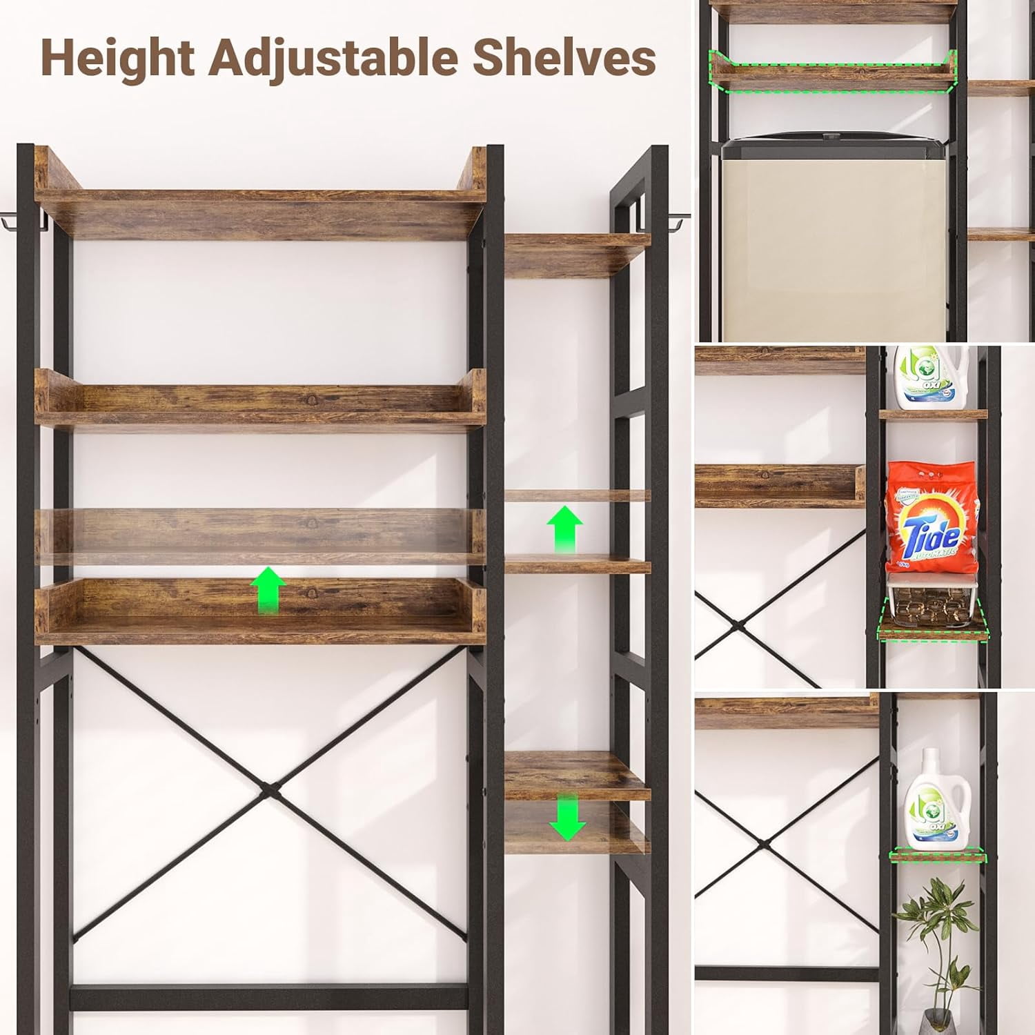 Over the Toilet Storage Upgraded version with 2 Drawers 7 Tier Bathroom Organizer with Adjustable Shelf Freestanding Space Saver above Toilet Stand with 4 Hooks Metal Bathroom Organizer, Rustic Brown