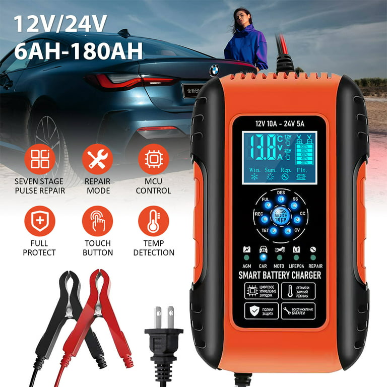 YHCHKJ Car Battery Charger, 12V 10A and 24V Fully-Automatic Trickle Charger  Desulfator, Smart LCD Battery Maintainer w/Temperature Compensation for