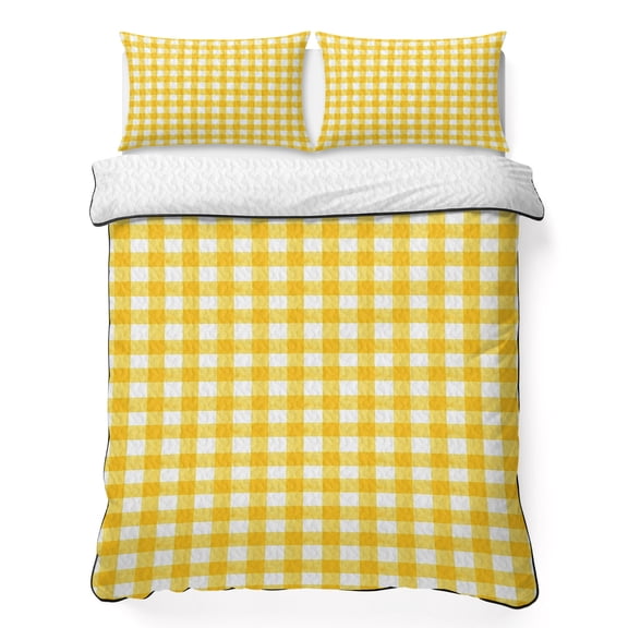 Yellow Checkered 3 Piece Quilt Bedding Set with 2 Pillow Shams, Farmhouse Classic Lightweight Bedspread Coverlet, Soft Breathable All Season Quilt, 68 x 86 Inch