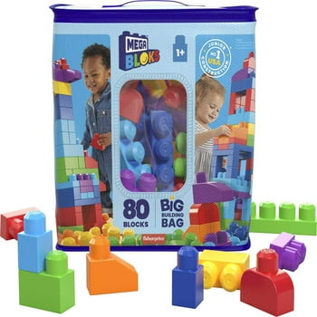 MEGA BLOKS Fisher-Price Toy Blocks Blue Big Building Bag with Storage (80 Pieces) for Toddler