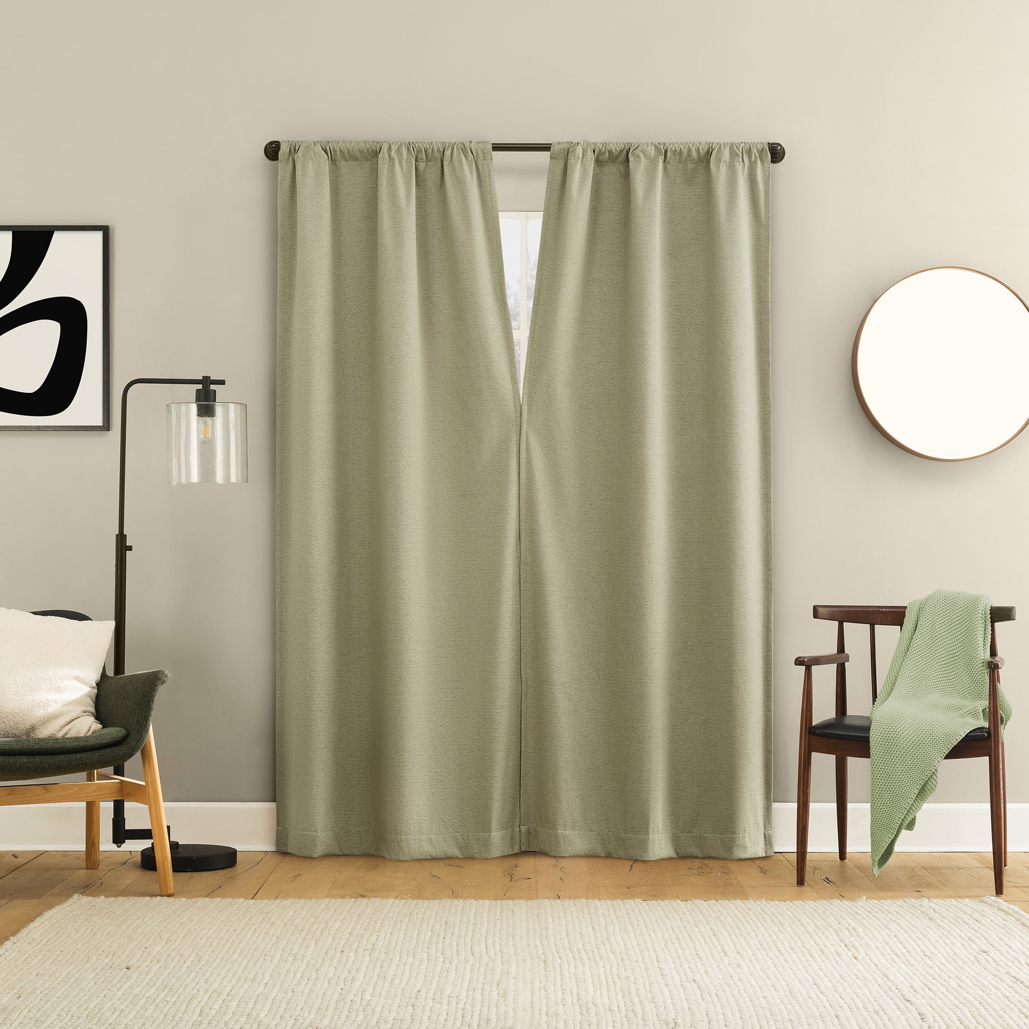 Sun Zero Prescott 2-pack Herringbone Magnetic Closure 100% Blackout Rod Pocket Curtain Panel Pair, 37"W x 84"L, Sage Green