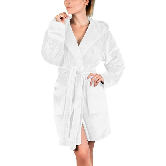 AherBiu Women's Nightgowns Sherpa Shaggy Warm Pjs Robes Lightweight Belted Plush Soft Mini Bathrobe with Hood