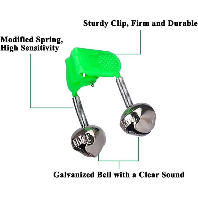 Paquete de 50 campanas de alarma para cañas de pescar con clip de plástico y campanas de advertencia de metal doble para cañas de pescar (verde), LingWen 8390615292238