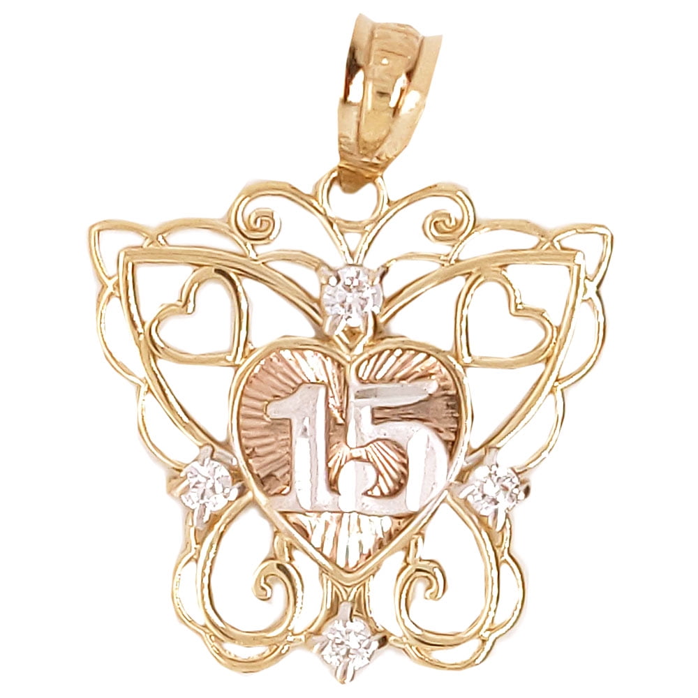 GiveMeGold 14k Tricolor Gold, Filigree Butterfly 15 Anos Heart