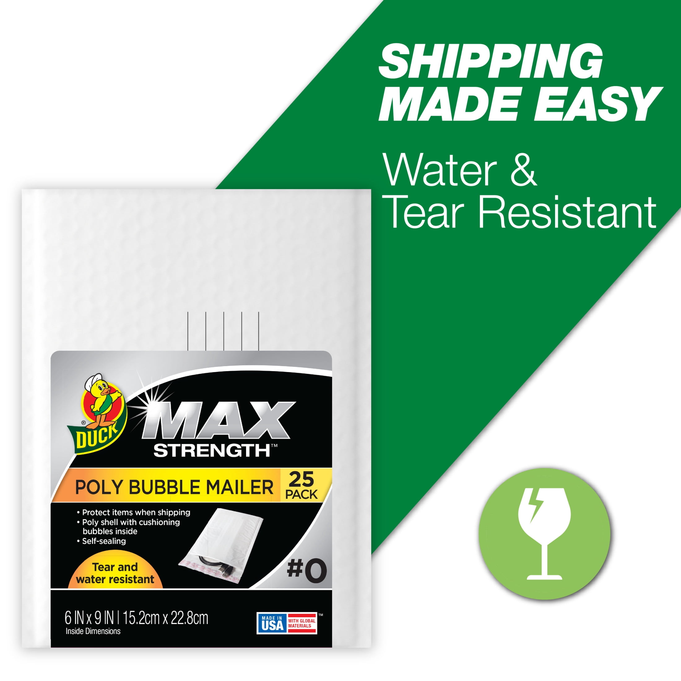(3 pack) Duck Max Strength Self-Sealing Poly Bubble Mailer #0, 6" x 9", Solid White, 25 Pack