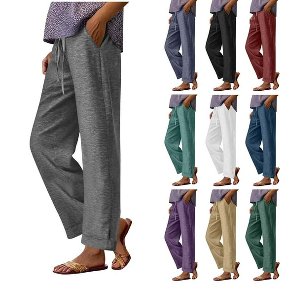 Wide Leg Elastic Waist Pants with Pockets Plus Size Beach Travel Lounge Pants Solid Elastic Waist Sports Casual Pants With Side Pockets