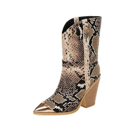 

Gzztg Women S Shoes Large Size Snake Print Color Block Pointed High-Heel Ankle Boots Womans