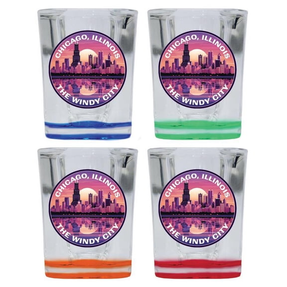 Chicago Illinois Design B Souvenir 2 oz Square Shot Glass Multicolor (4-Pack)