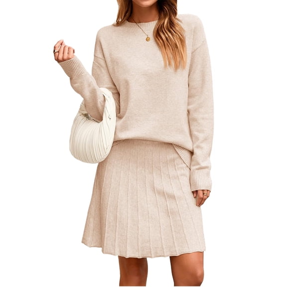 Fall Winter Long Sleeve Women 2 Piece Skirt Sets Solid Color Knit Sweater and Mini Skirt Set