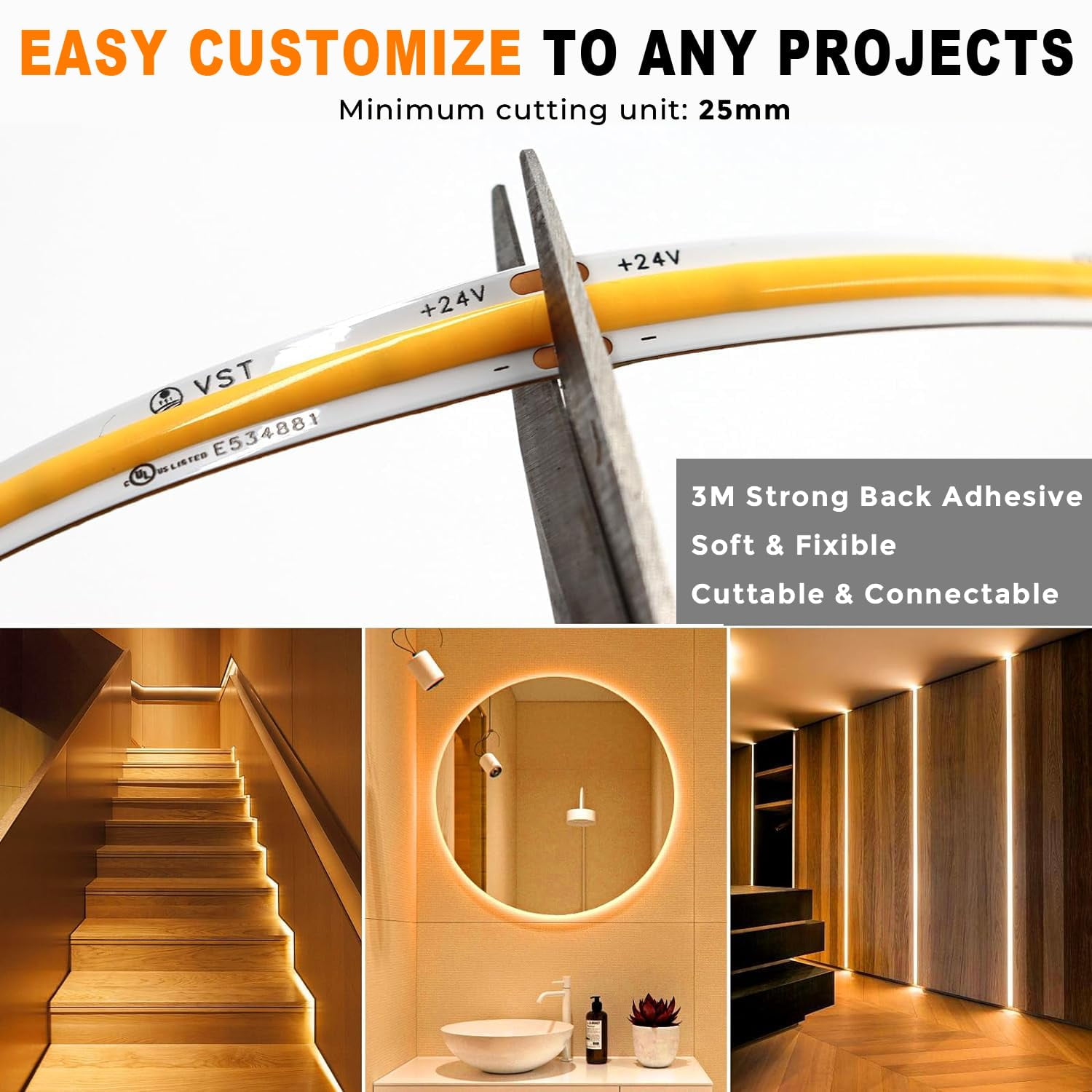 VST 16.4ft COB LED Strip Lights Warm White 2700K, 24V Dimmable LED Tape Light, 48w, 2640 LEDs, Ra 93+, IP30, Lighting for Kitchen, Cabinets, UL Listed (Power Source Not Included)