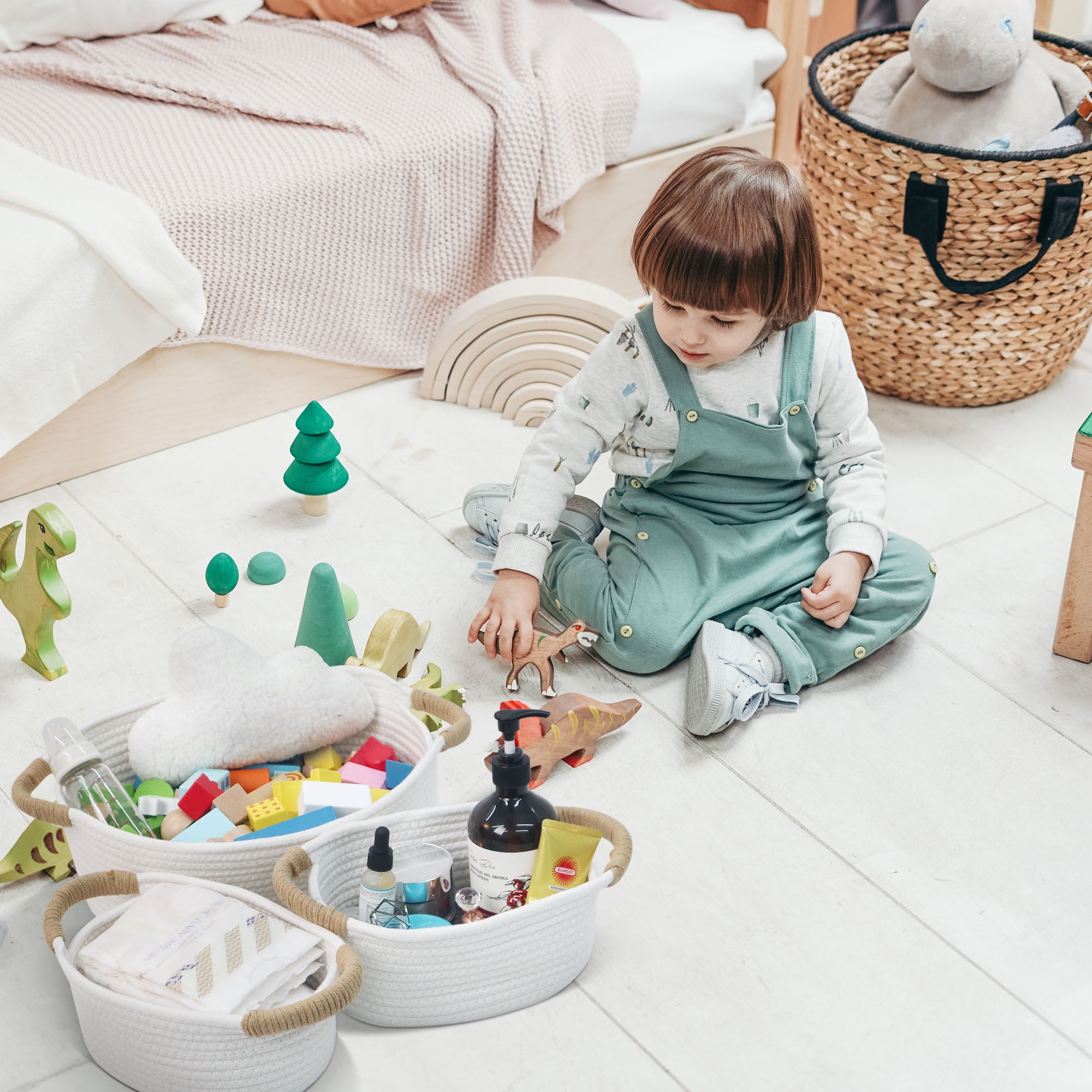 Caroeas 3-Piece Small Cotton Rope Basket, Woven Storage Basket Set, Nesting Bins for Organizing Shelves, Baby, Nursery, Toy Storage, Montessori, White
