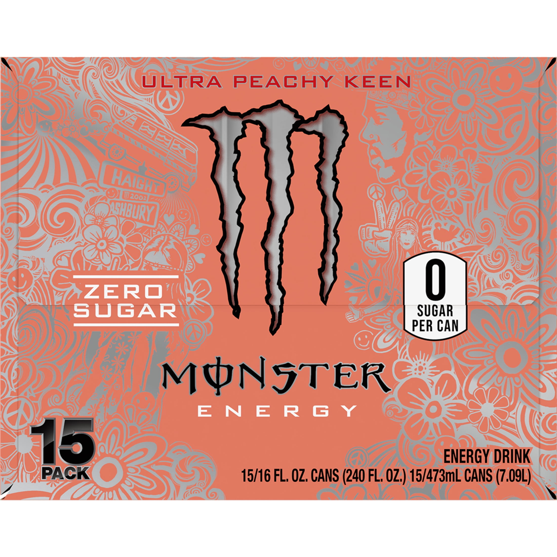 Monster Energy Ultra Peachy Keen Energy Drink, Zero Sugar, 15-Pack, 16 Oz Cans