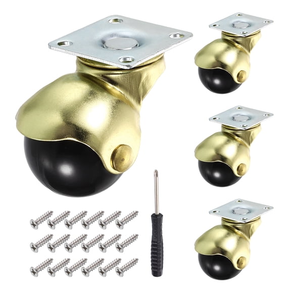1.5 Inch Ball Caster Wheels, Swivel Furniture Casters with Plate Mount/Screw/Screwdriver, Gold 4 Pcs