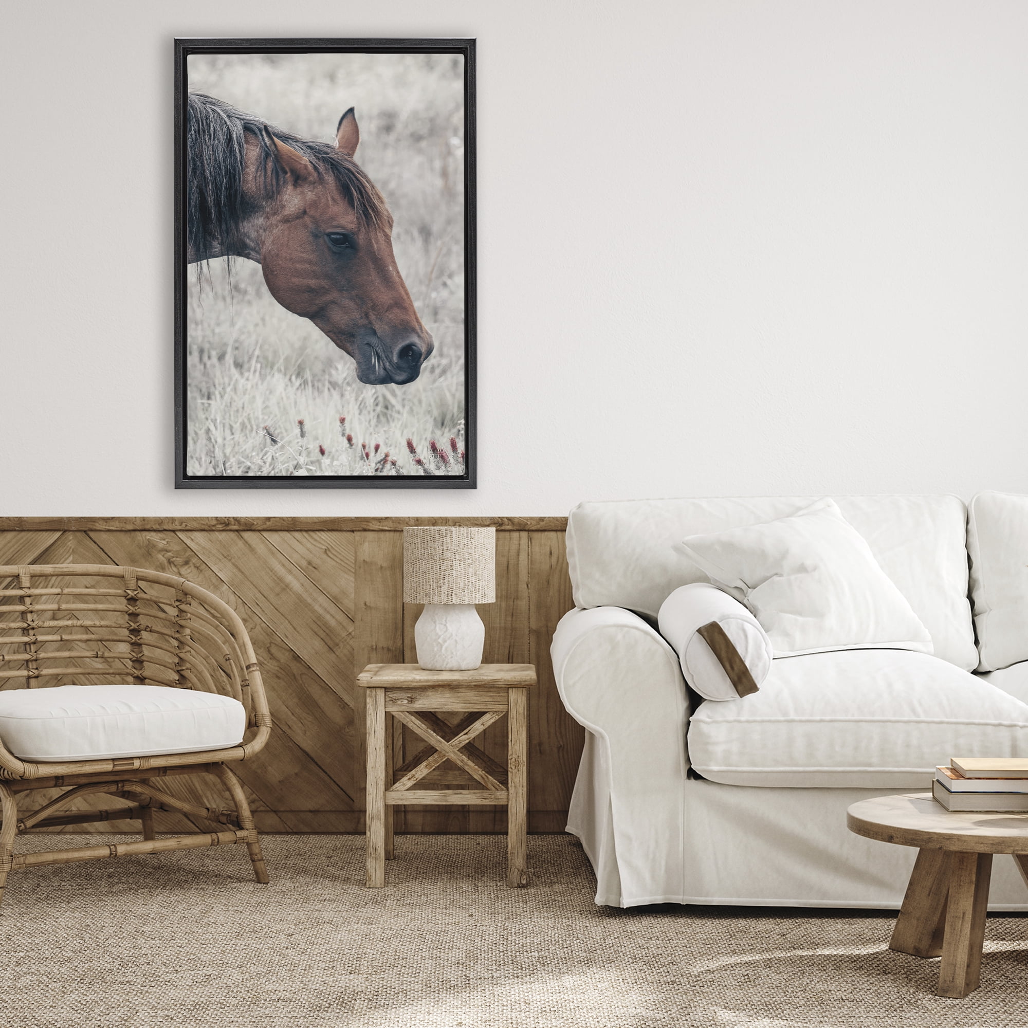 Stupell Industries Mother Horse Grazing in Meadow Black Framed Floater Canvas Wall Art, design by Nathan Larson