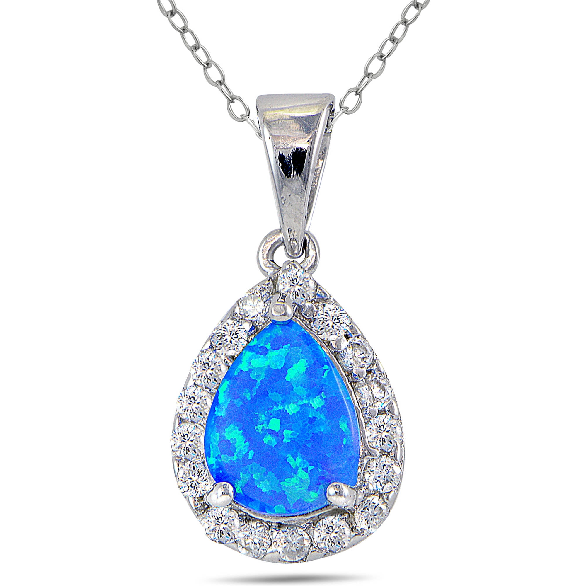 Created Blue Opal and CZ Sterling Silver Teardrop Necklace, 18 ...