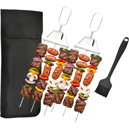 Skewers for Grilling 3 Prong Skewers for Grilling 14.7 Stainless Steel BBQ Kabob Skewers with Push-Off Slider Metal Skewer Sticks with Storage Bag & Basting Brush for Meat