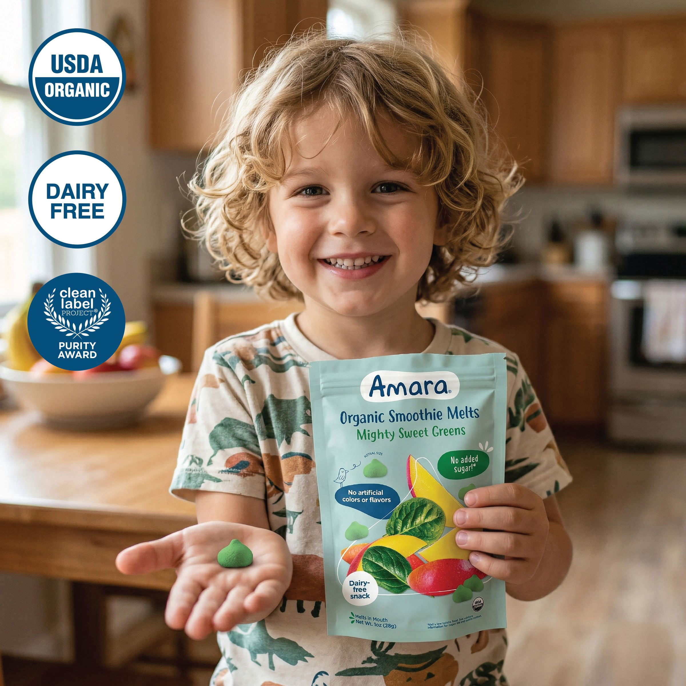 Amara Organic Smoothie Melts, Mighty Sweet Greens, Baby & Toddler Snacks, No Added Sugar, Stage 2, 1 oz Bag