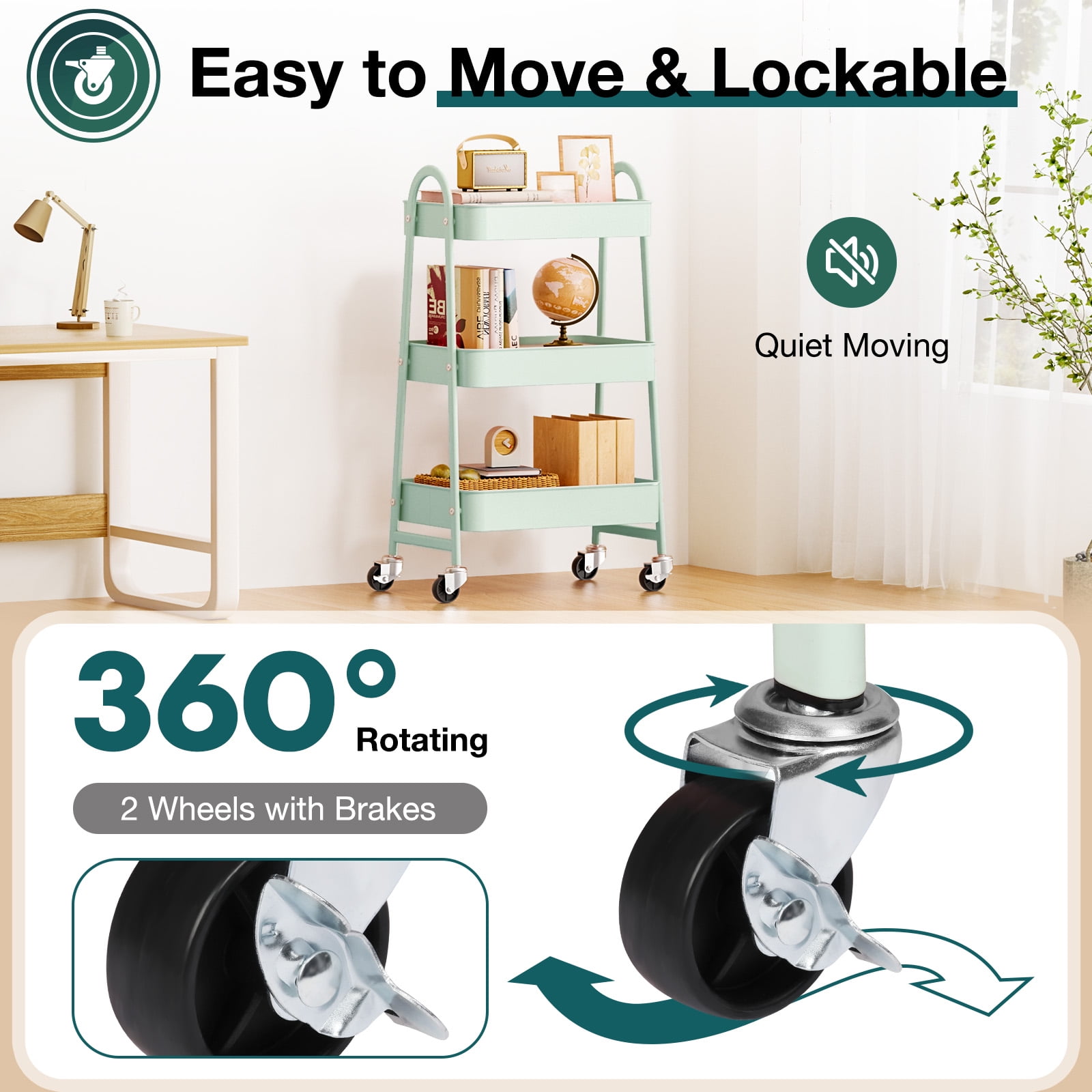 ZUNMOS 3 Tier Rolling Cart, Metal Utility Storage Cart with Lockable Wheels for Livingroom, Bathroom, Kitchen & Narrow Spaces,Green