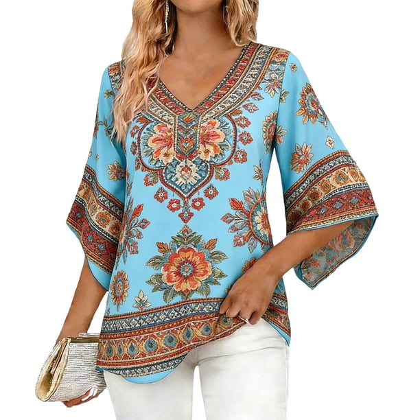 Camisas de Manga 3/4 de las Mujeres Bohemian Exclusivo Estampado V-Cuello Elegante Blusa para el Trabajo Informal O Vestidos Sociales