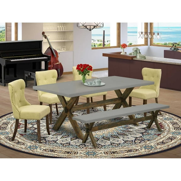 East West Furniture 6-Piece Dinette Table Set-Limelight Linen Fabric Seat and Button Tufted Back Modern Dining Chairs, A Wooden Bench and Rectangular Top Dining Room Table with Hardwood Legs - Cement