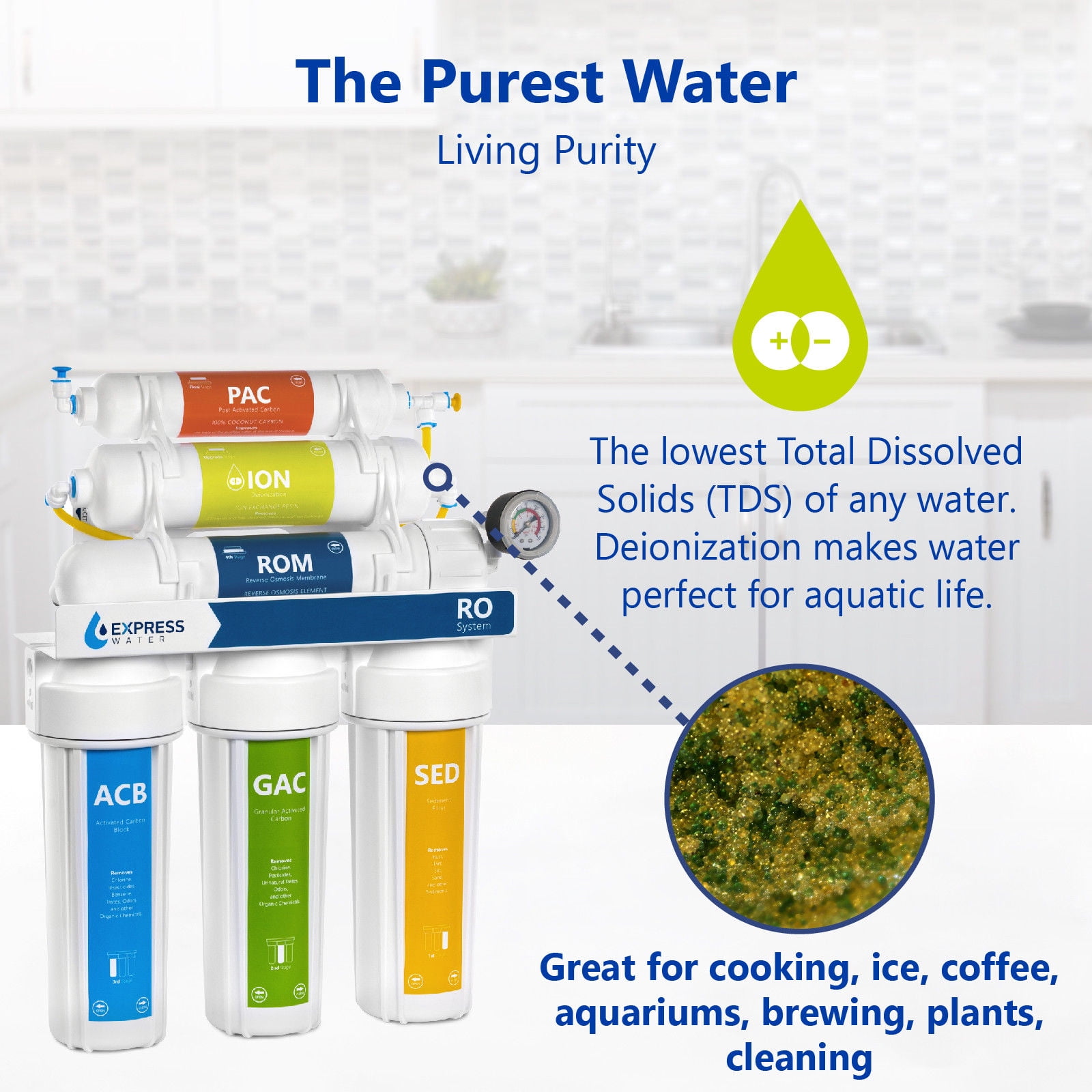 Express Water Deionization Reverse Osmosis Water Filtration System – 6 Stage RO DI Water Filter with Faucet and Tank – Distilled Pure – Under Sink Home Water Softener – 100 GPD with Pressure Gauge