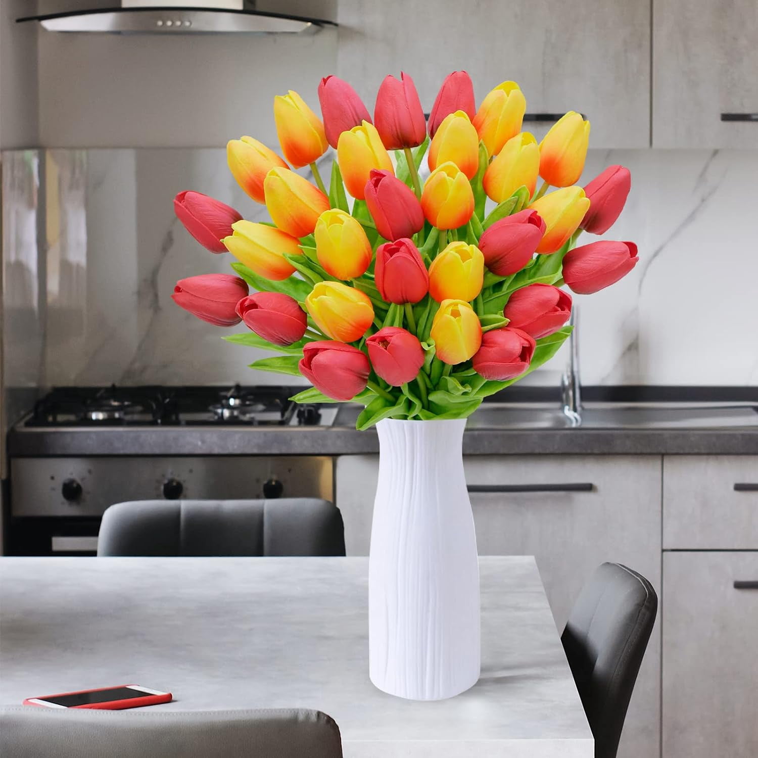 30Pcs Artificial Tulip Flowers Faux Tulip Stems PU Real Touch Tulips 13.7" for Spring Easter Vase Wedding Bouquets Floral Arrangements Wreath Table Centerpiece Indoor Outdoor Decoration (Orange, Red)