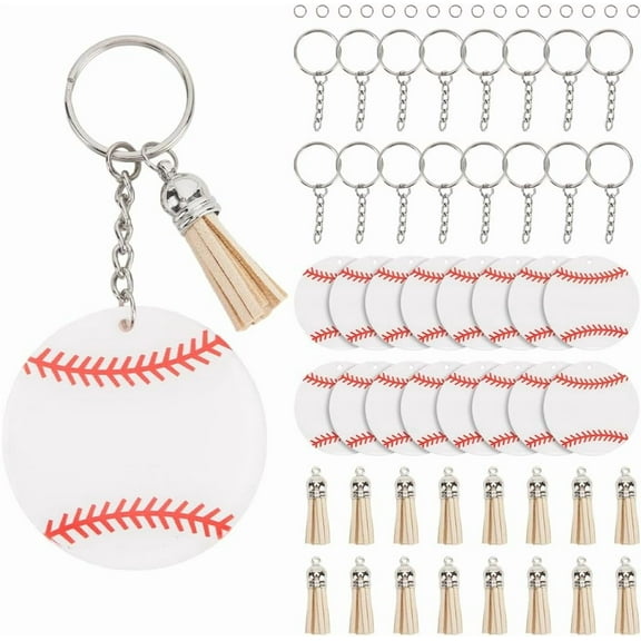 1 Box 64pcs Baseball Keychain DIY Sports Key Chains Kits Large Acrylic Sport Softball Keychains Blank Kit with Tassels