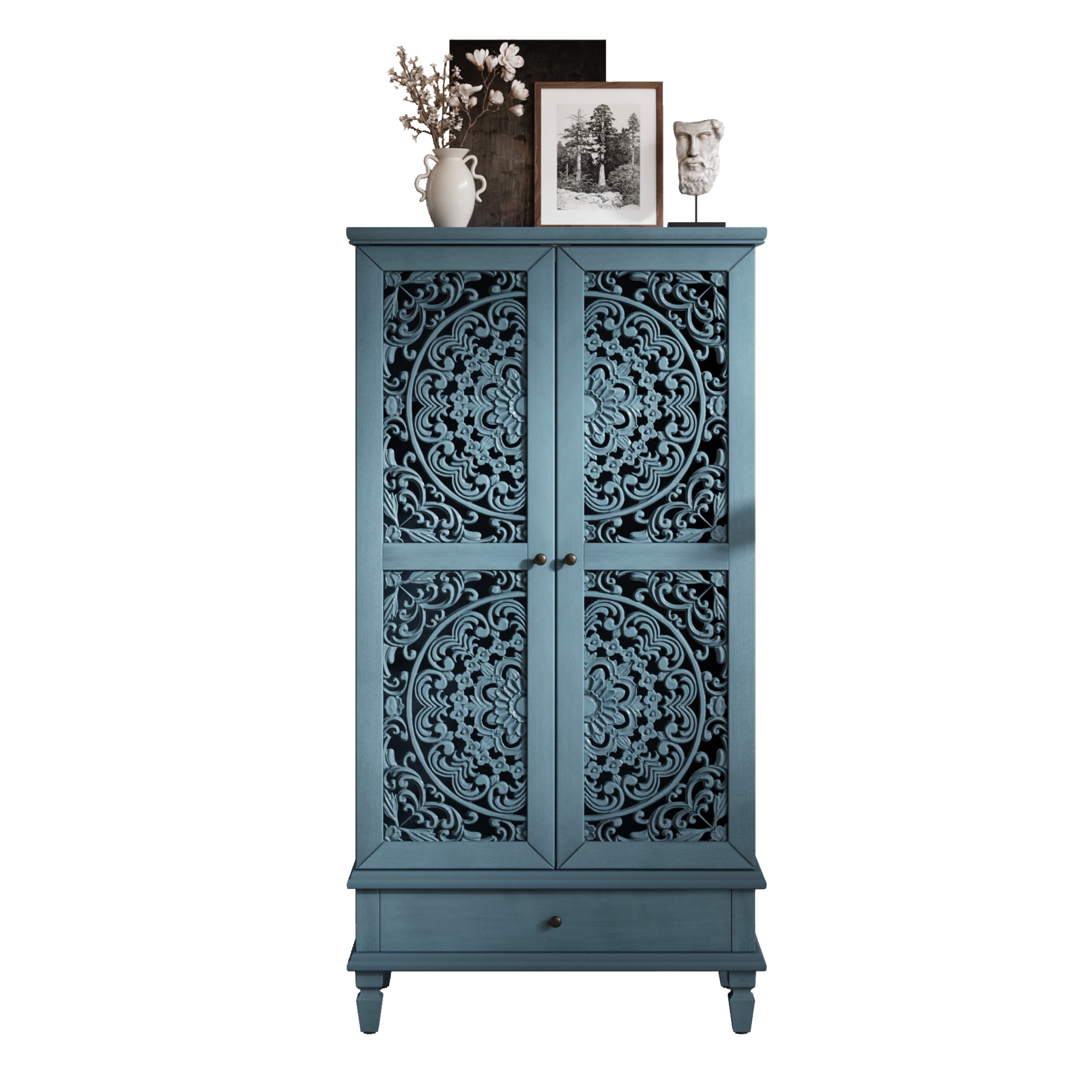 Noble house Rustic Tall Storage Cabinet with Drawer, Carved 2-Door Cabinet with Solid Wood Legs,Antique blue