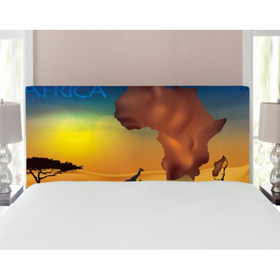 Safari Headboard, Savanna Giraffes Exotic Tropic Lands Culture Wild Nature Art Illustration, Upholstered Decorative Metal Bed Headboard with Memory Foam, Full Size, Orange Chocolate Blue, by Ambesonne