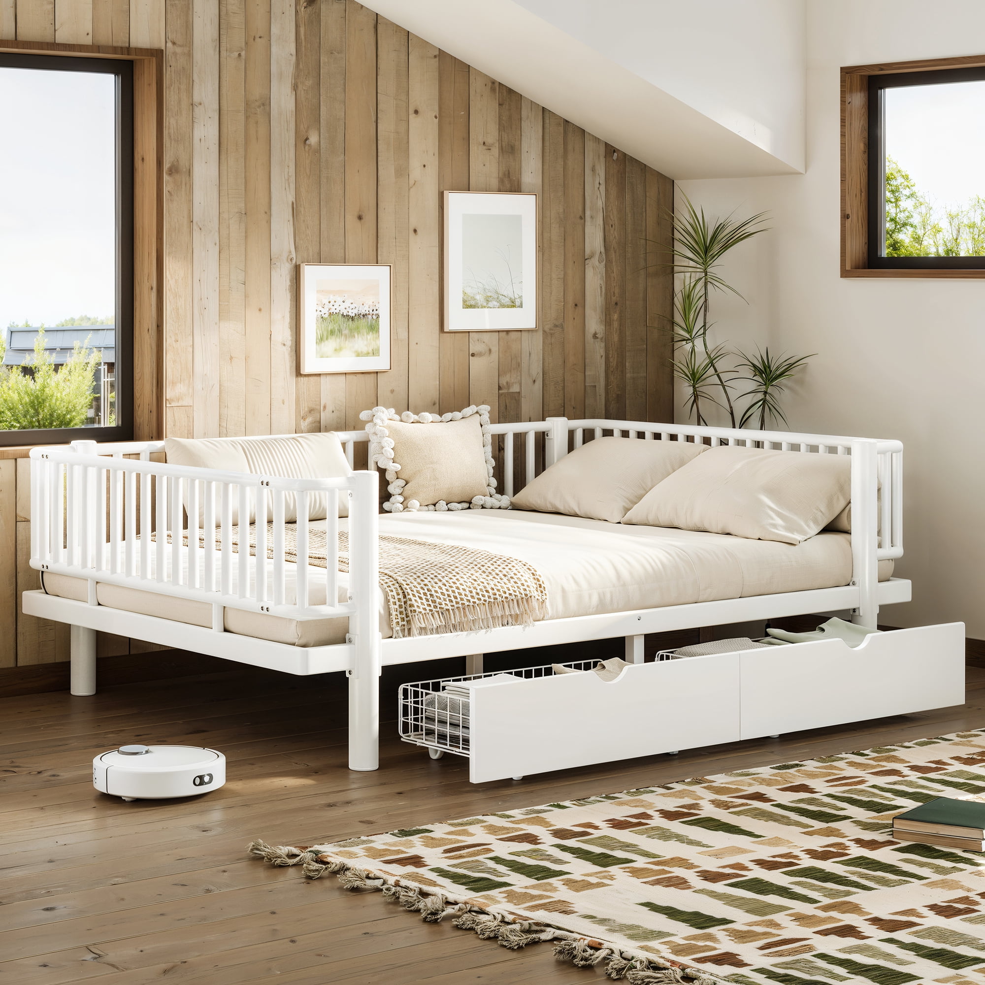Leumius Full Size Platform Bed Frame with Storage Drawers, Metal Daybed Frame with Upgraded Safety Round-Pipe Design, Low Profile Design for Teens Adults White