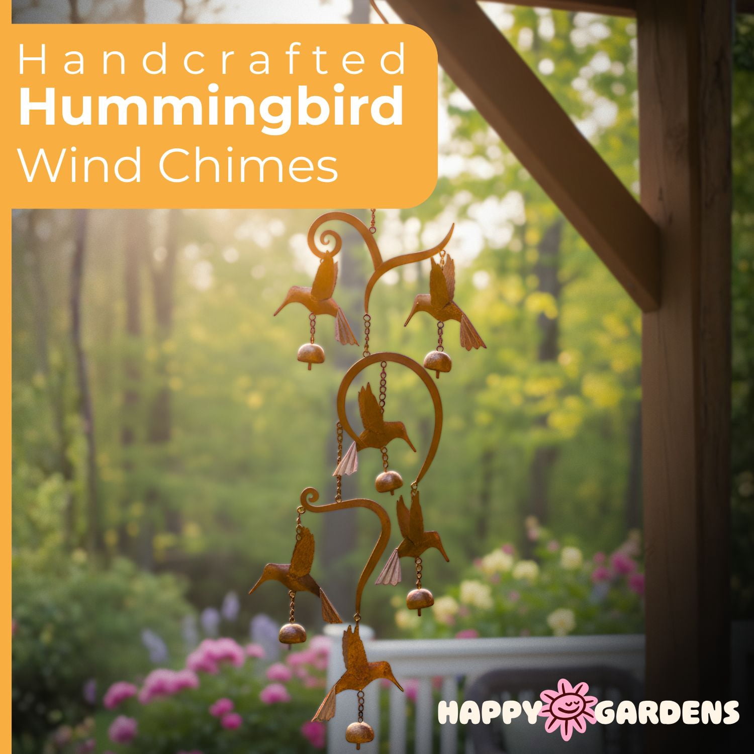 Handcrafted Scrollwork Steel Hummingbird Wind Chimes With 6 Bells (Flamed Finish) Happy Gardens Outdoor Metal Hook Hanging Decor For Outside Back Yard