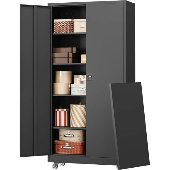 Metal Garage Storage Cabinet with Wheels,73" H Locking Tool Cabinet with 2 Doors and 4 Adjustable Shelves Tall Cabinet for Garage, Heavy Duty File Cabinet for Office, School (Black)