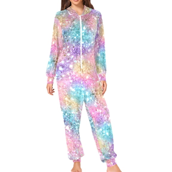 Pastel Colored Glitter Adult's Hoodie Onesie Jumpsuit One-Piece Pajamas with Zipper Unisex for Holiday S