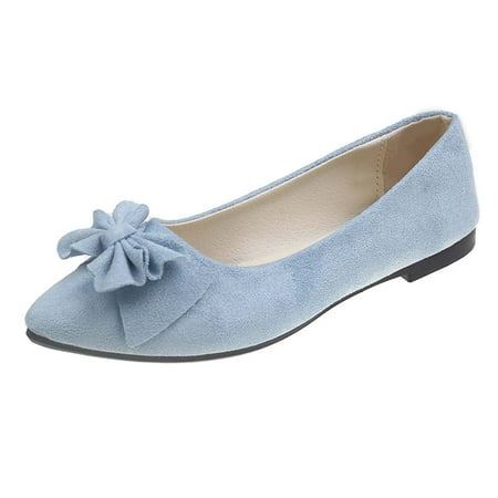 hopeusnice Clearance Women s Suede Bowknot Flat Shoes Pointed Toe Ballerina Flats Comfortable Slip On Loafers Ladies Ballerina Shoes for Wedding Party Light Blue 35