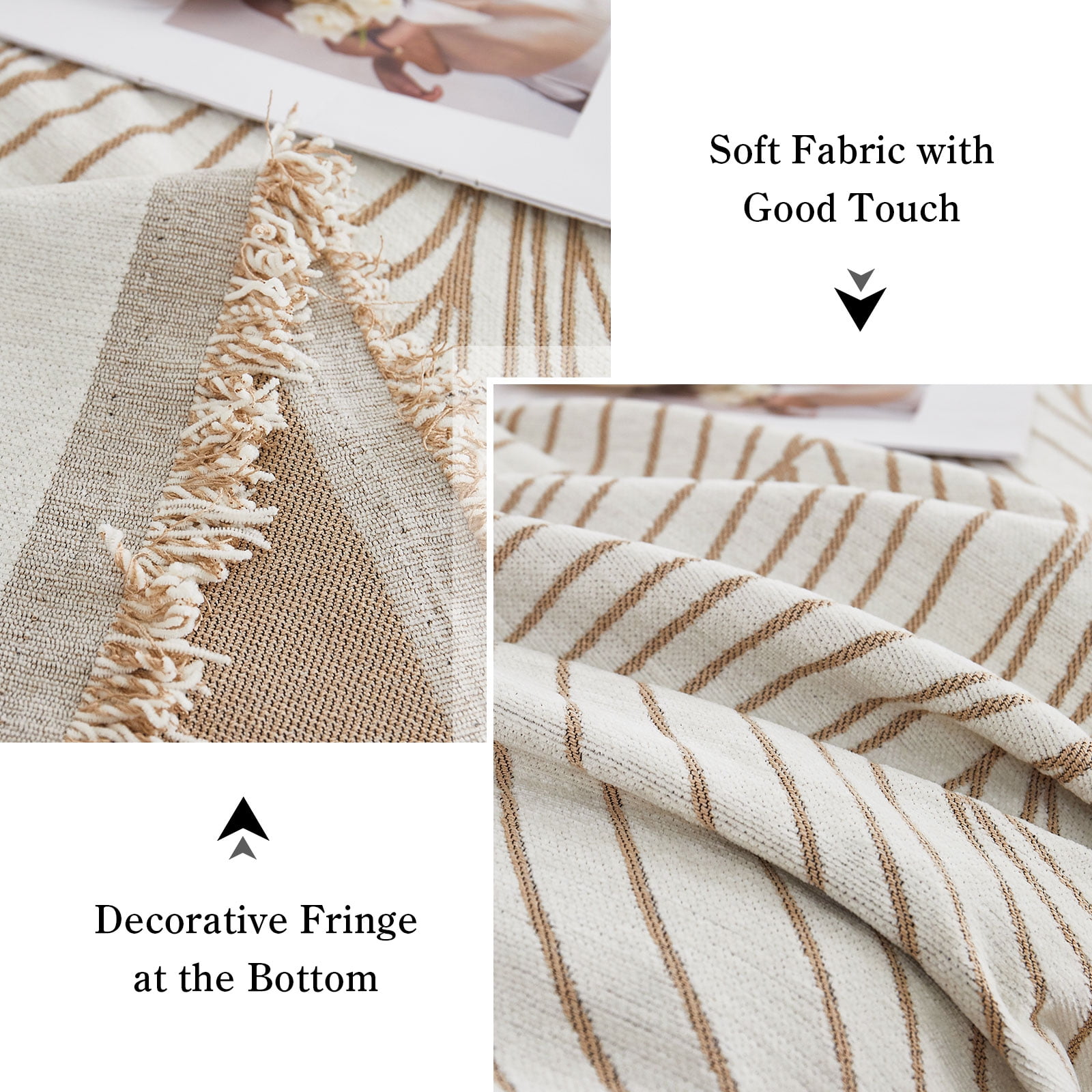 Eurhowing Boho Couch Cover for 2-3 Cushion Couch, Chenille Sofa Cover Blanket with a Pillowcase, Anti-Slip Tassel Sofa Slipcover for Pet, (71'' x 118'', Khaki Stripe)