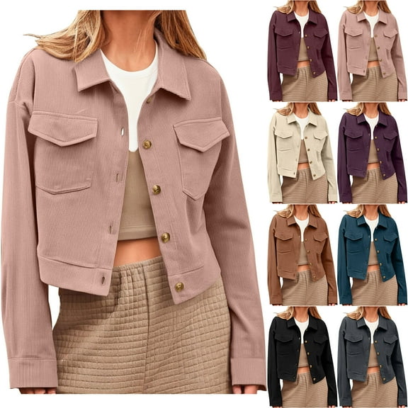 Womens Corduroy Cropped Jackets Casual Long Sleeve Button Down Short Coat Lightweight Fall Winter Outerwear with Chest Pocket