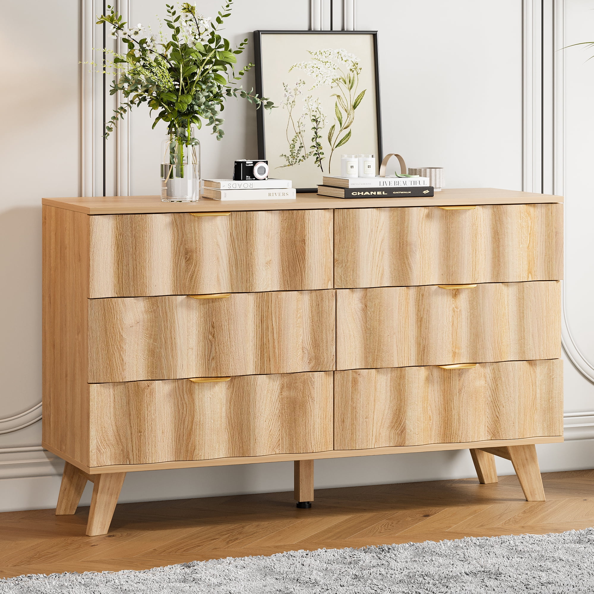 Weselon 6 Drawer Dressers for Bedroom, Modern Closet Chest of Drawers with Waveform Fluted Panel, Large Wood Storage Dresser Organizer for Bedroom Living Room Hallway Closet, Natural