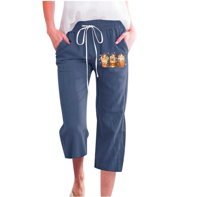 ICHUANYI Clearance Women Cotton Linen Casual Pants Straight Leg Drawstring Elastic Waist Loose Comfy Trousers With Pockets(Navy, XXL) ICHUANYI WER2023081513899
