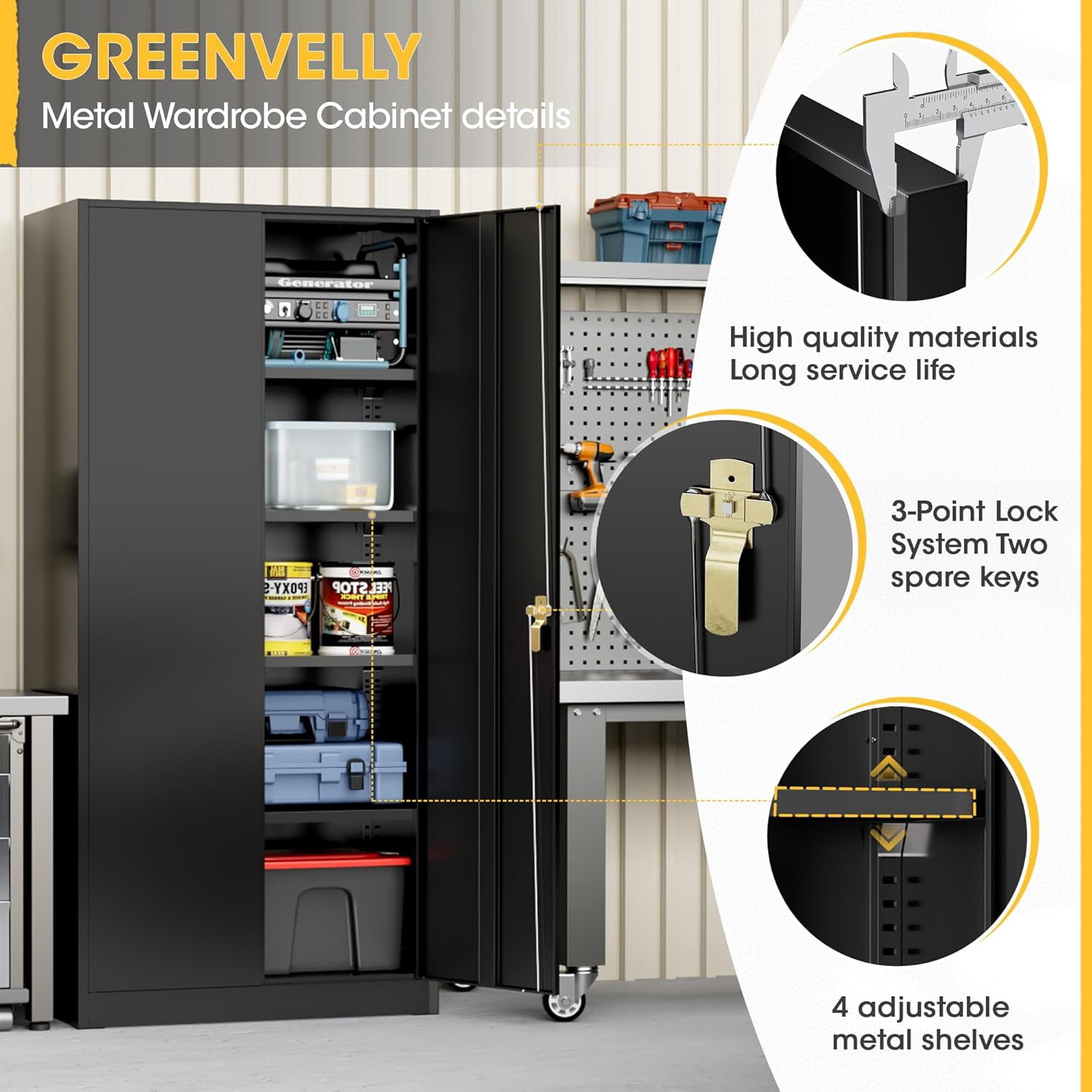 SOLAURA Metal Storage Cabinet with Locking Doors and 4 Adjustable Shelves, 71"H x 32"W x 16"D Cabinet for Office, Home, Garage, Warehouse(Black)
