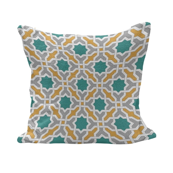 Teal Fluffy Throw Pillow Cushion Cover, Abstract Geometric Pattern Eastern Oriental Symmetric Design Print, Decorative Square Accent Pillow Case, 20" x 20", Mustard Teal and Grey, by Ambesonne
