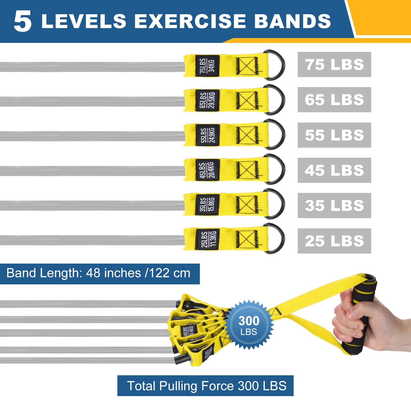 Uxcell Resistance Bands Set, 6 Level Exercise Bands for Working Out with Door Anchor/Handle/Ankle Strap/Pouch, 300LB & Yellow & Grey- Fitting For(Women & Men Home/Gym Train/Yoga)