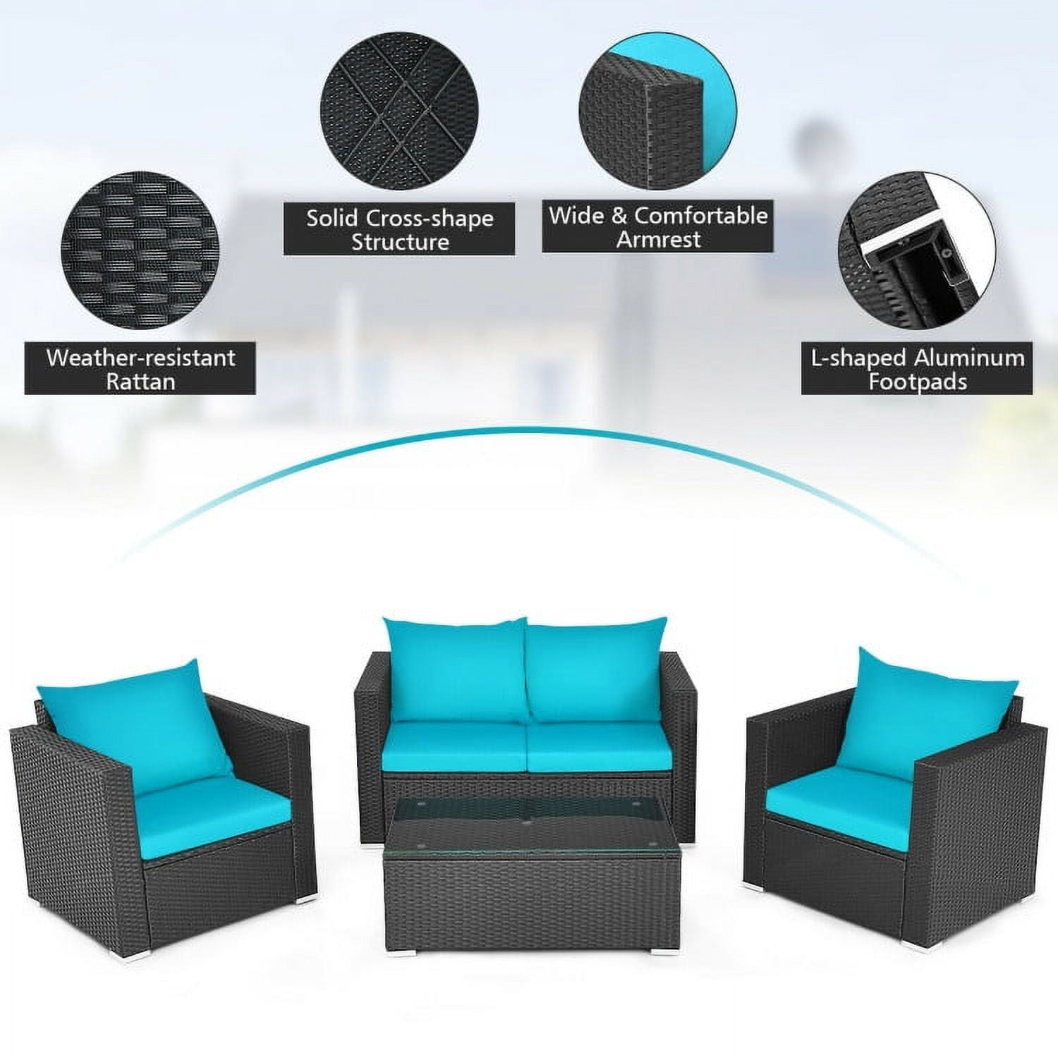 Aimee Lii 4 Pieces Patio Rattan Conversation Set, Small Patio Set with Padded Cushion and Tempered Glass Coffee Table, Turquoise Aimee Lii 4 Pieces Patio Rattan Conversation Set, Small Patio Set with Padded Cushion and Tempered Glass Coffee Table, Turquoise
