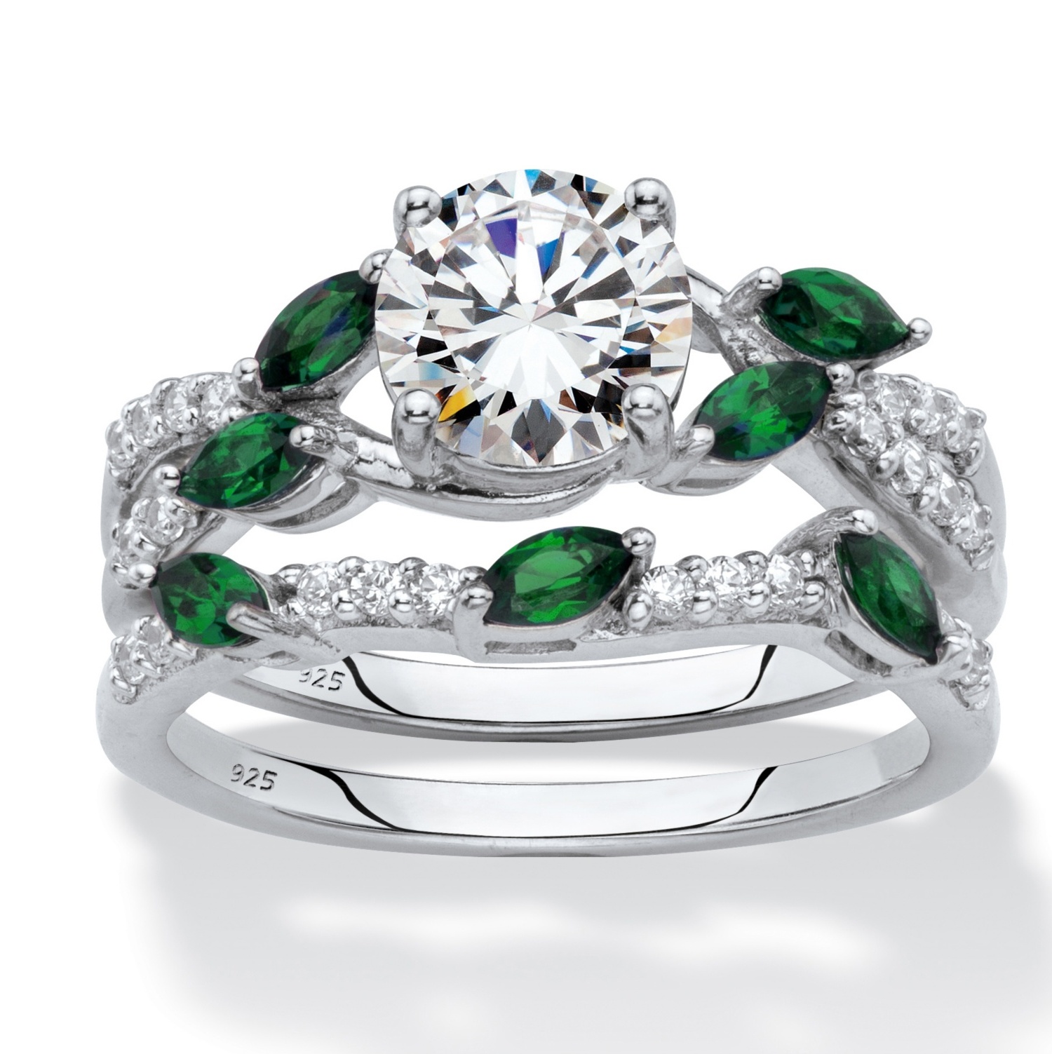 Platinum over Sterling Silver Round Cubic Zirconia with Marquise Green Emerald Twisted Vine Bridal Ring Set