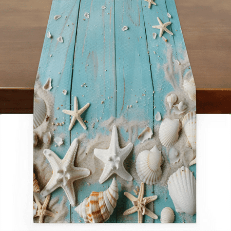 

Qzaxky Table Runner Boho Table Runner Starfish Seashells Blue Wooden Vintage Bohemian Boho Outdoor Table Runner Decoration for Indoor Outdoor Home Dinner Party Wedding Decor 13 x 120 Inch
