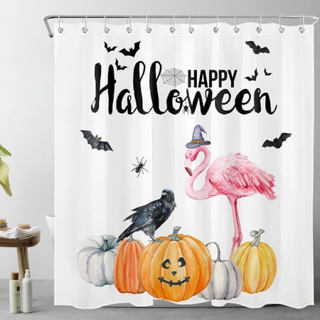 HVEST Pink Flamingo Halloween Shower Curtain for Bathroom Watercolor Pumpkins and Crow Bat Bathroom Shower Curtains with Hooks, Purple Magic Witch Hat Bathroom Curtains Shower Set 69x70 inch
