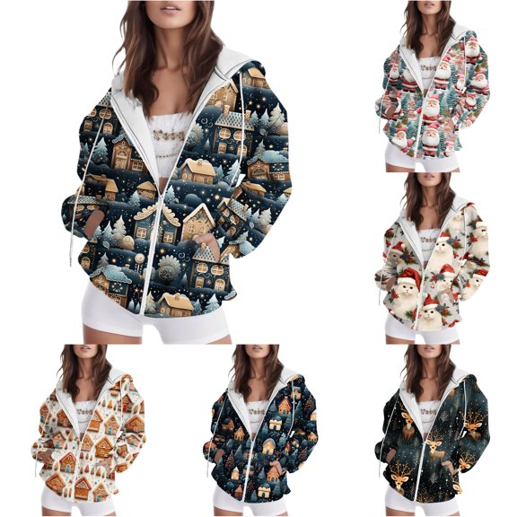 Tanghaowl Women's Sweatshirt New Comfortable Fashionable Color Block Christmas Printed Zipper Top Hooded Sweater with Cozy Warm Lining Yellow XL
